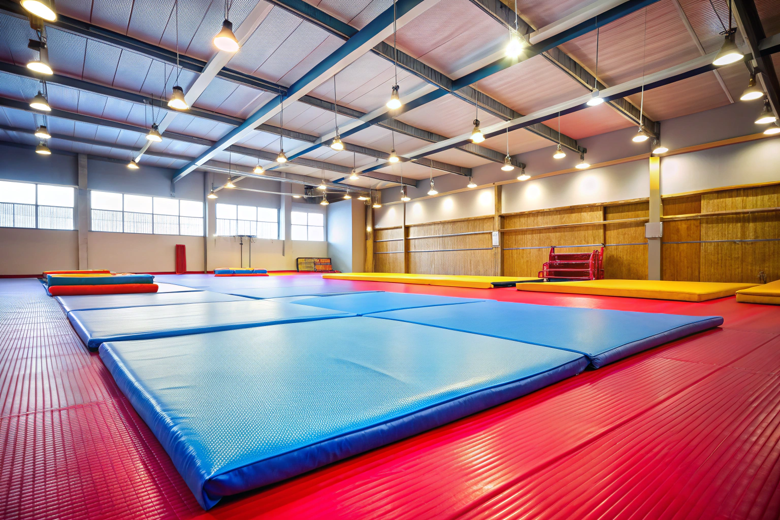 Una colchoneta de gimnasia en un entorno limpio y seguro, con luces suaves que destacan su textura, sin marcas ni logos visibles