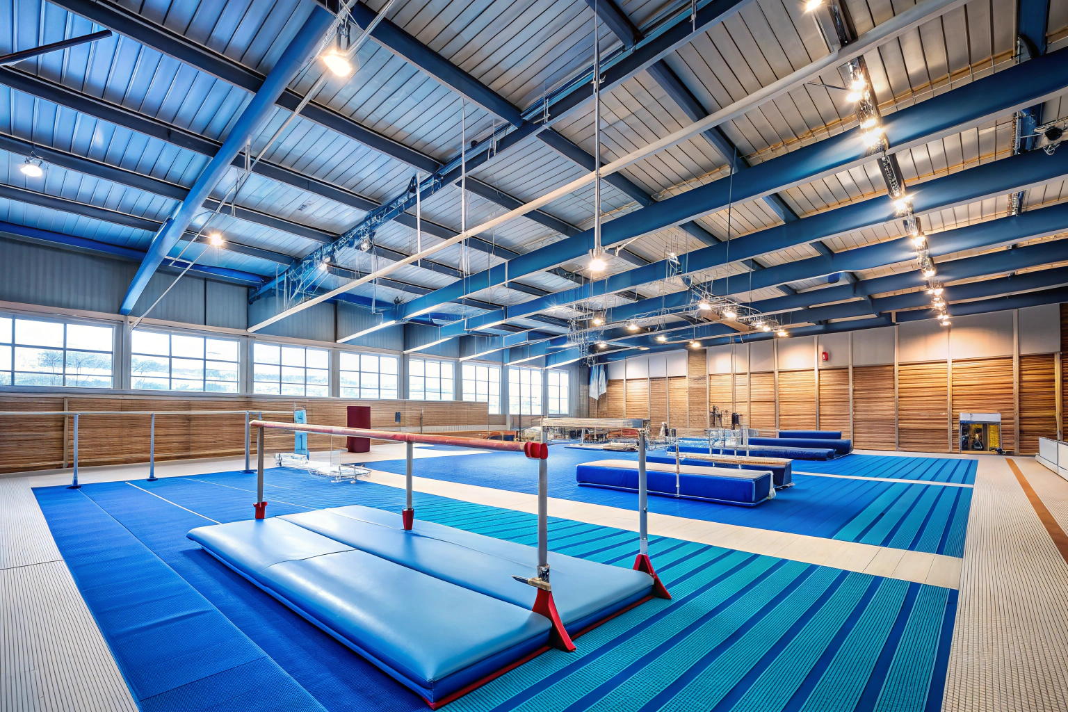 Vista interior de un gimnasio de gimnasia con barras asimétricas, colchonetas azules y un caballo con arcos en un espacio amplio y bien iluminado, sin elementos de texto o marcas visibles