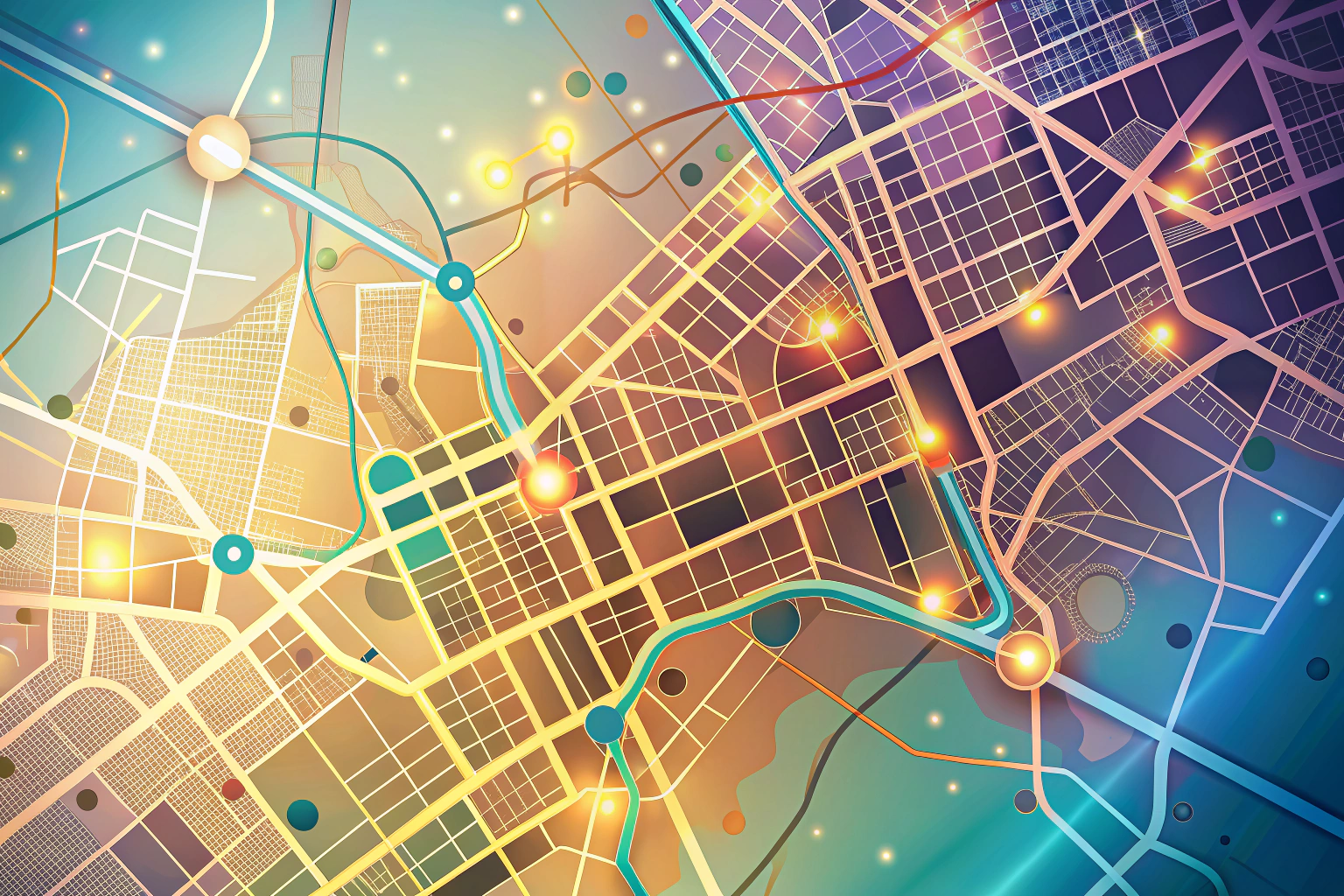 Un mapa abstracto con líneas que simulan calles y puntos de conexión en colores suaves, representando la ubicación sin detalles específicos