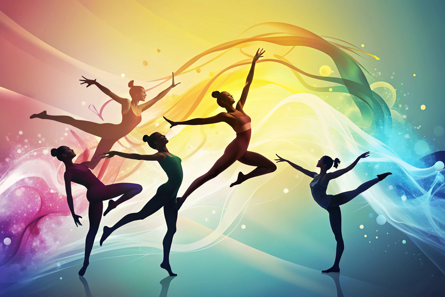 Siluetas abstractas de gimnastas realizando movimientos fluidos en un fondo de colores pastel que evocan diferentes épocas históricas, sin elementos de texto o branding