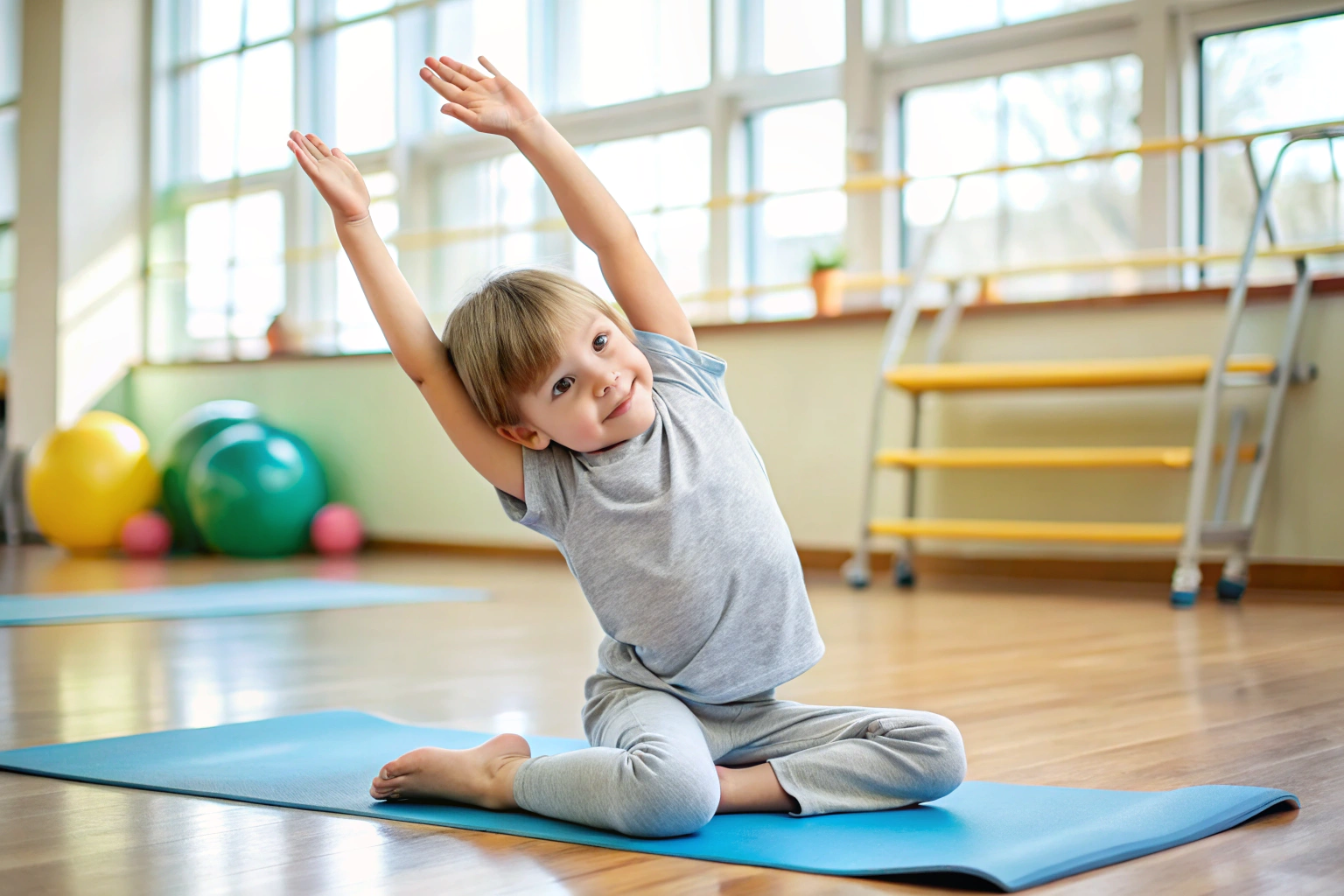 Niño estirándose en una colchoneta de gimnasio, con brazos extendidos hacia arriba y piernas flexionadas, en un ambiente limpio y sin distracciones