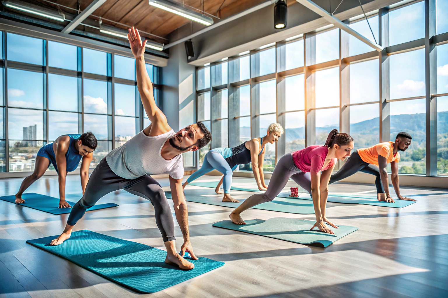Un grupo diverso de personas realizando ejercicios de estiramiento en una sala de gimnasia espaciosa, con colchonetas en el suelo y luz natural entrando por grandes ventanales, sin elementos de marca visibles