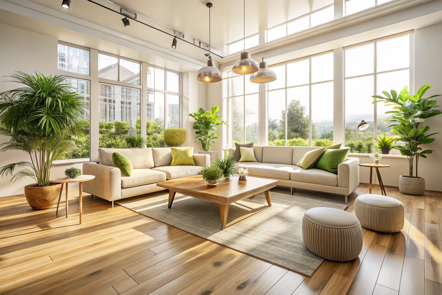 Vista interior de un espacio amplio y luminoso, con suelos de madera clara, paredes blancas, grandes ventanales que dejan entrar la luz del sol, sofás modernos en tonos neutros, mesas bajas y plantas decorativas, creando un ambiente sereno y acogedor
